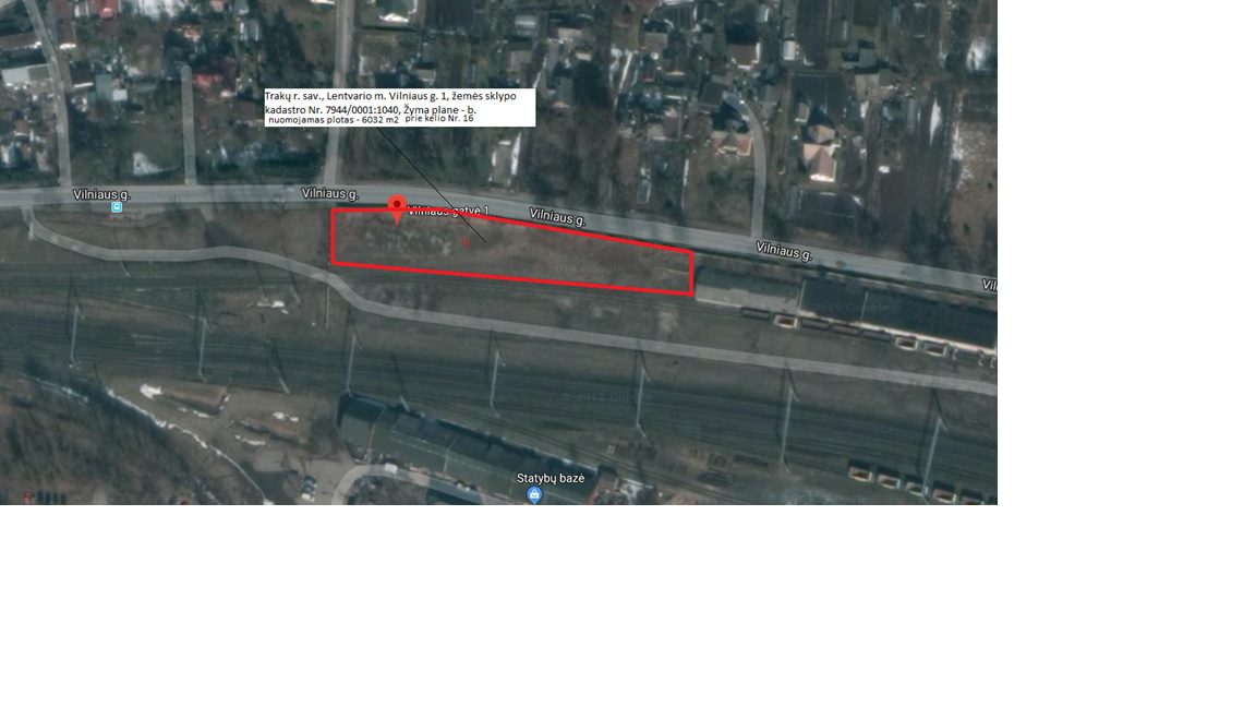 Aukciono būdu nuomojamas objektas: 6032 kv. m. aikštelė, esanti Vilniaus g. 1, Lentvaryje, (žemės sklypo kadastro Nr. 7944/0001:1040, žyma plane – b)